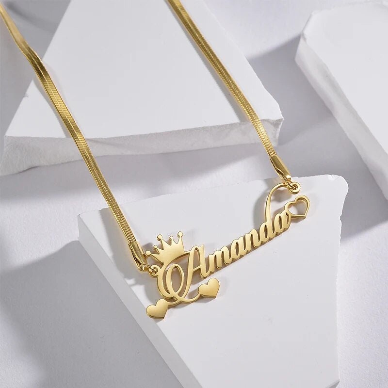 18K Gold Plated Personalized Name Heart & Crown Necklace, Customized Name Necklace Handcrafted Jewelry Custom Nameplate Pendant Gift For Her