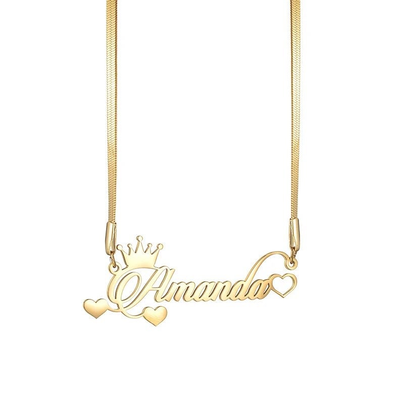 18K Gold Plated Personalized Name Heart & Crown Necklace, Customized Name Necklace Handcrafted Jewelry Custom Nameplate Pendant Gift For Her