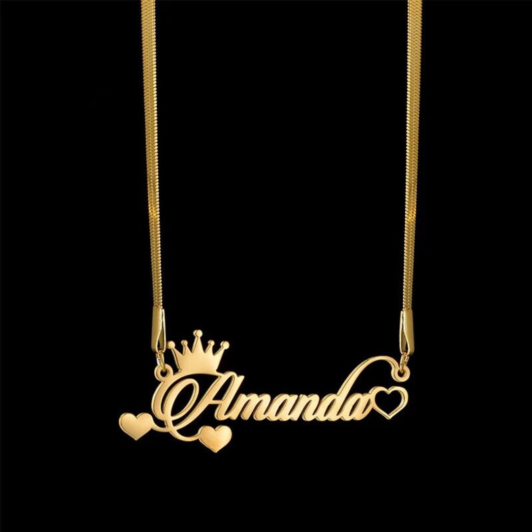 18K Gold Plated Personalized Name Heart & Crown Necklace, Customized Name Necklace Handcrafted Jewelry Custom Nameplate Pendant Gift For Her