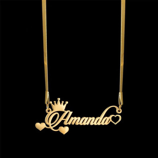 18K Gold Plated Personalized Name Heart & Crown Necklace, Customized Name Necklace Handcrafted Jewelry Custom Nameplate Pendant Gift For Her