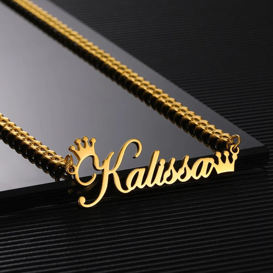 18K Gold Plated Personalized Name Crown Necklace, Customized Name Necklace Handcrafted Jewelry Custom Nameplate Pendant Gift For Mom, Wife