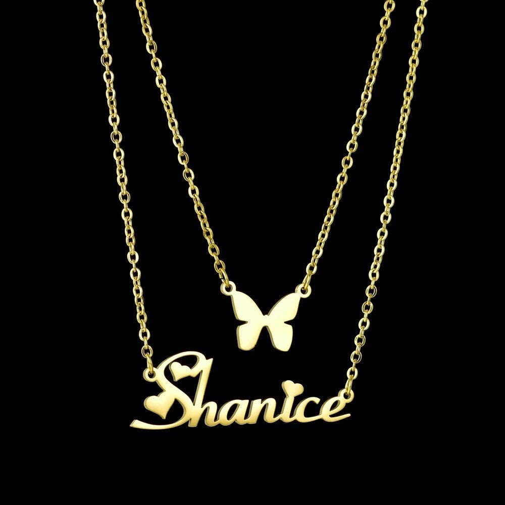 18K Gold Plated Personalized Name Necklace Double Layer Star Butterfly Customized Name Necklace Handcrafted Custom Jewelry Nameplate Pendant