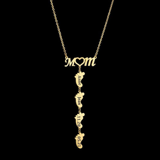 18K Gold Plated Personalized Mum Family Infinity Name Necklace Custom Engraved Footprint Zircon Baby Feet Pendant Handcrafted Jewelry Gift