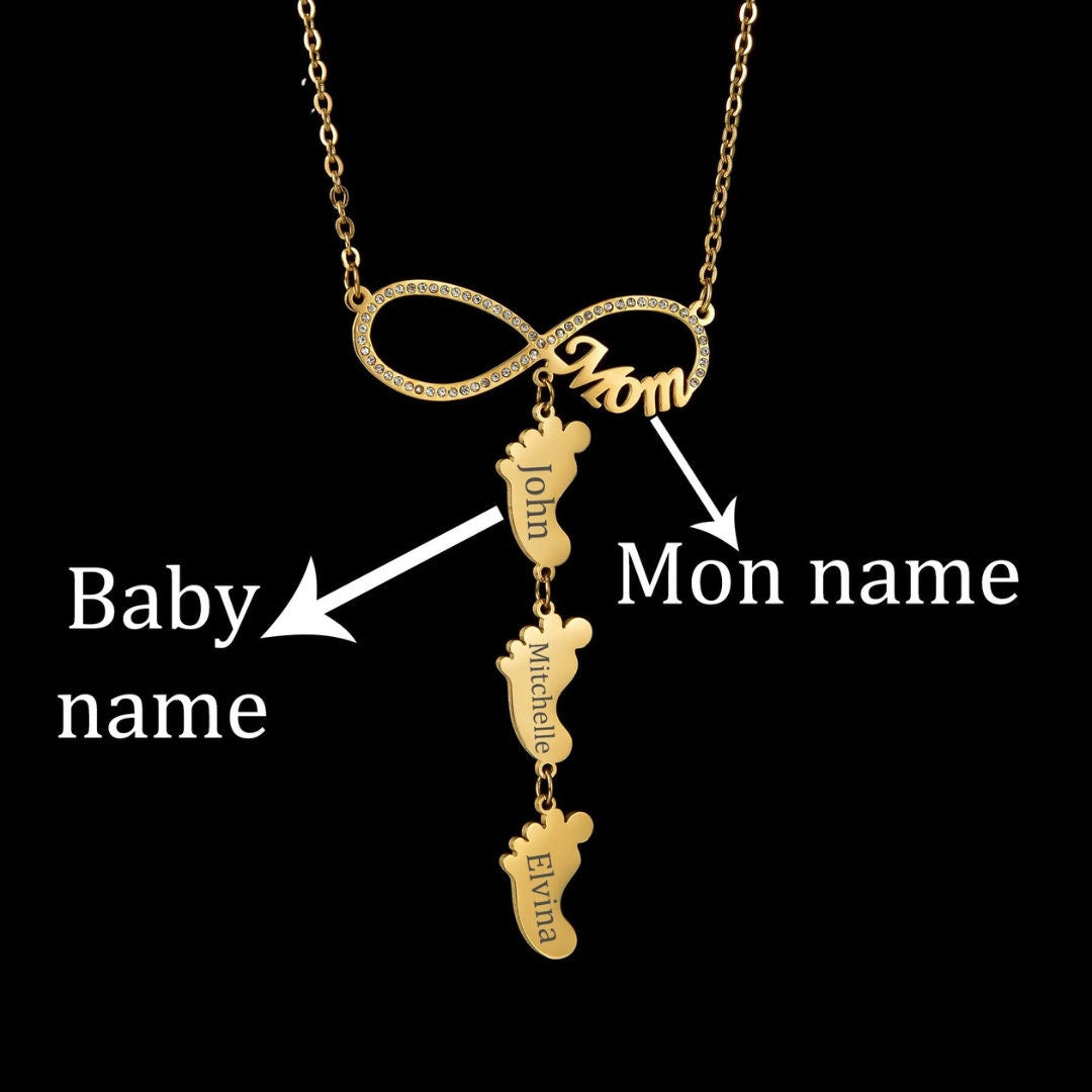 18K Gold Plated Personalized Mum Family Infinity Name Necklace Custom Engraved Footprint Zircon Baby Feet Pendant Handcrafted Jewelry Gift