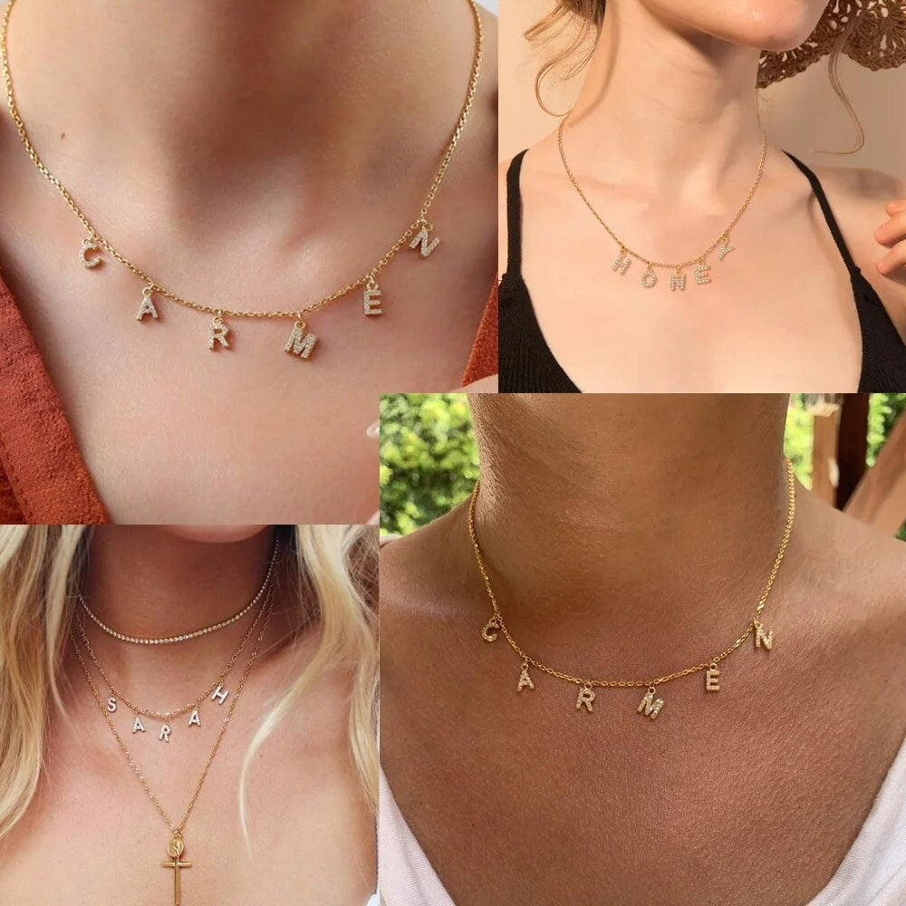 18K Gold Plated Personalized Initial Letter Necklace Custom Name Zircon Jewelry Tiny Initial Necklace Customized Jewelry Gift, Letter Choker