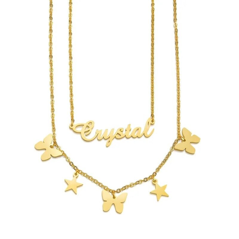 18K Gold Plated Personalized Name Necklace Double Layer Star Butterfly Customized Name Necklace Handcrafted Custom Jewelry Nameplate Pendant