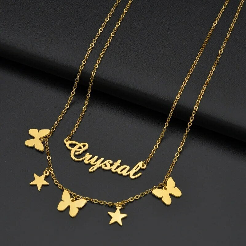 18K Gold Plated Personalized Name Necklace Double Layer Star Butterfly Customized Name Necklace Handcrafted Custom Jewelry Nameplate Pendant