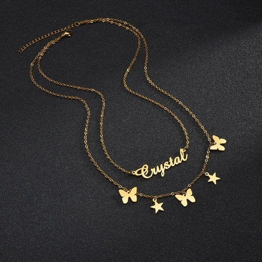 18K Gold Plated Personalized Name Necklace Double Layer Star Butterfly Customized Name Necklace Handcrafted Custom Jewelry Nameplate Pendant