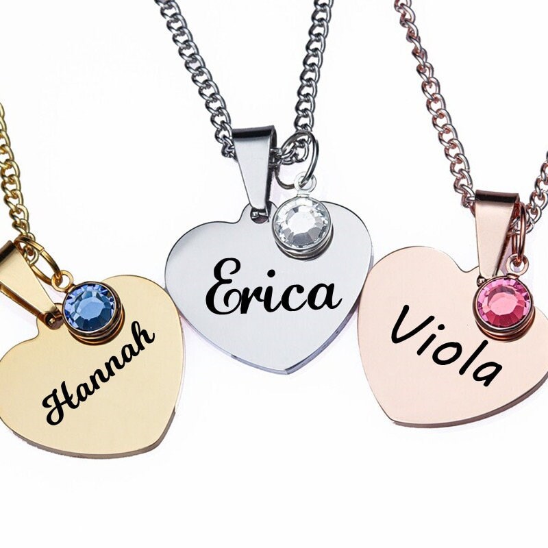 18K Gold Plated Heart Shape Swarovski Birthstone Necklace, Customized Actual Handwriting Personalized Jewelry, Engrave Name Necklace Gift