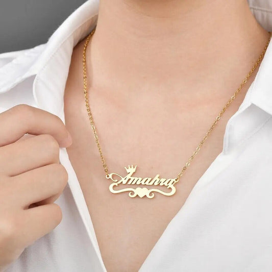 18K Gold Plated Personalized Name Necklace, Heart Crown Customized Name Necklace, Handcrafted Custom Jewelry Nameplate Pendant, Gift For Her