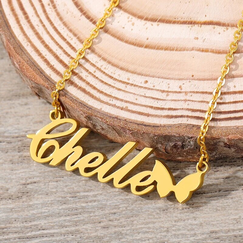 18K Gold Plated Personalized Name Butterfly Necklace, Customized Name Necklace Handcrafted Jewelry Custom Nameplate Pendant, Gift For Her