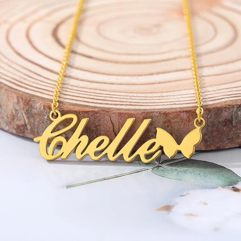 18K Gold Plated Personalized Name Butterfly Necklace, Customized Name Necklace Handcrafted Jewelry Custom Nameplate Pendant, Gift For Her