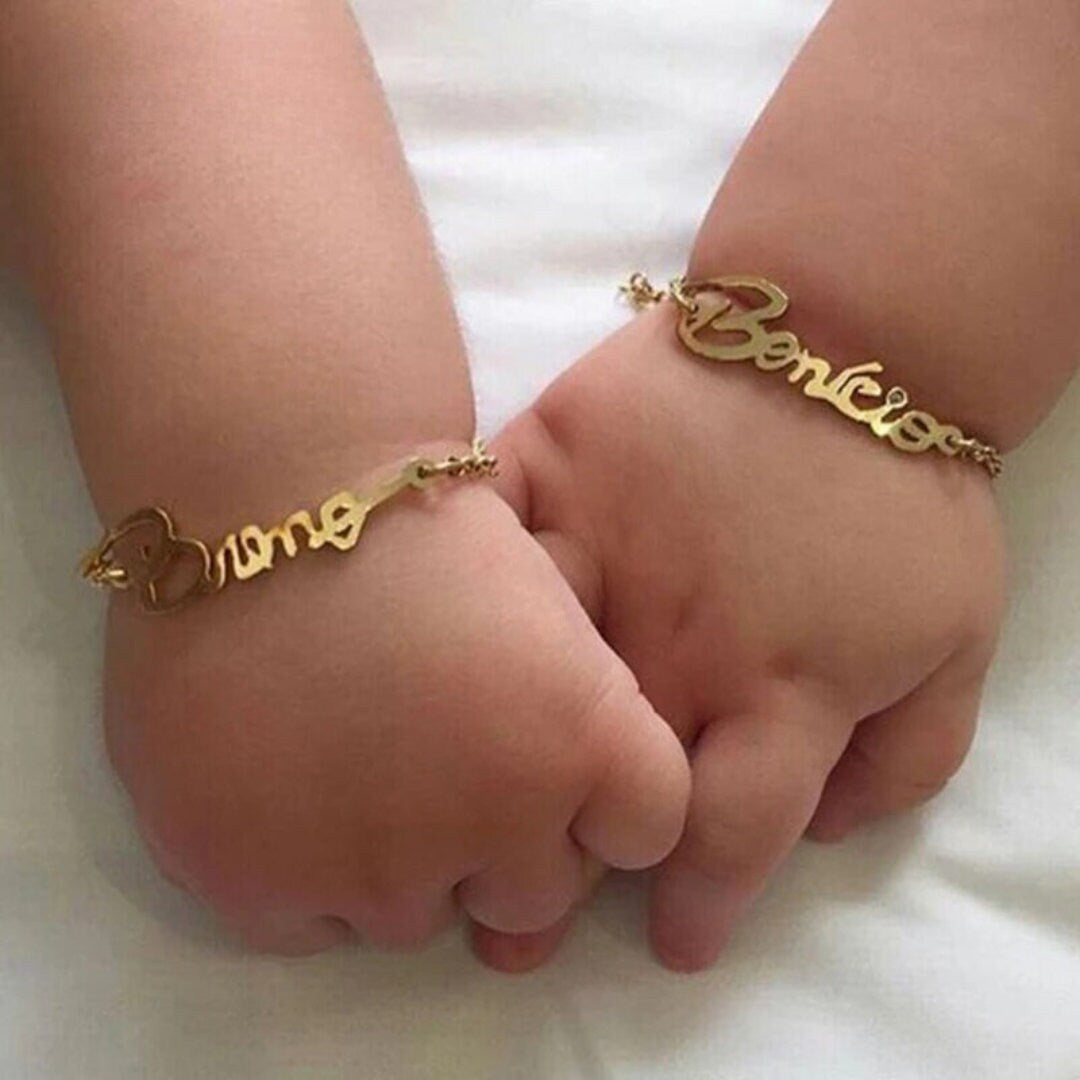 18K Gold Plated Personalized Baby Bracelet and Ring Bundle Customized Name Jewelry Nameplate Engraved Baby Custom Children Jewelry Baby Gift