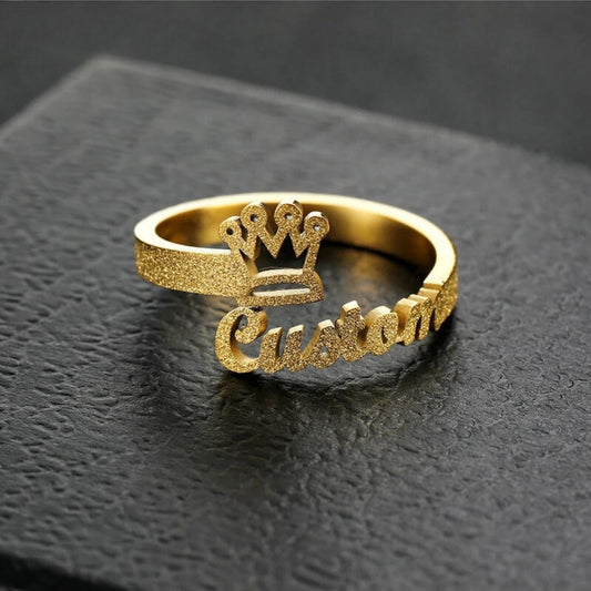 18K Gold Plated Personalized Ring Name Engrave Minimalist Jewelry Crown, Customizable Finger Ring, Customized Nameplate Handcrafted Jewelry