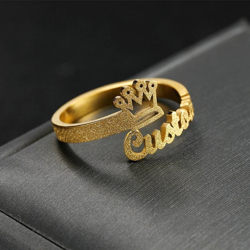 18K Gold Plated Personalized Ring Name Engrave Minimalist Jewelry Crown, Customizable Finger Ring, Customized Nameplate Handcrafted Jewelry