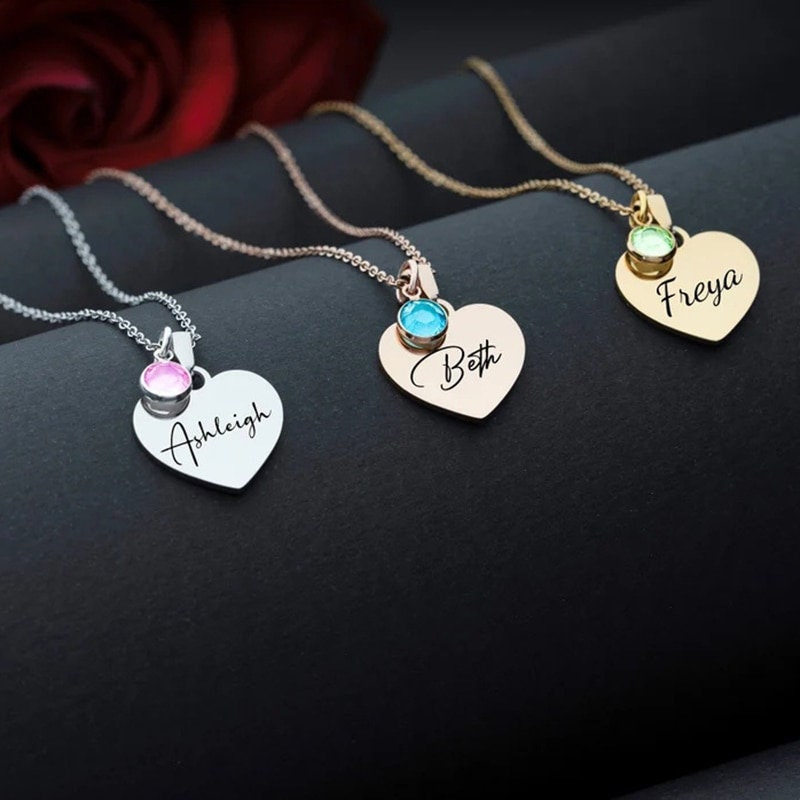 18K Gold Plated Personalized Heart Name Birthstone Necklace Customized Actual Handwriting Custom Handmade Jewelry Engrave Name Necklace Gift