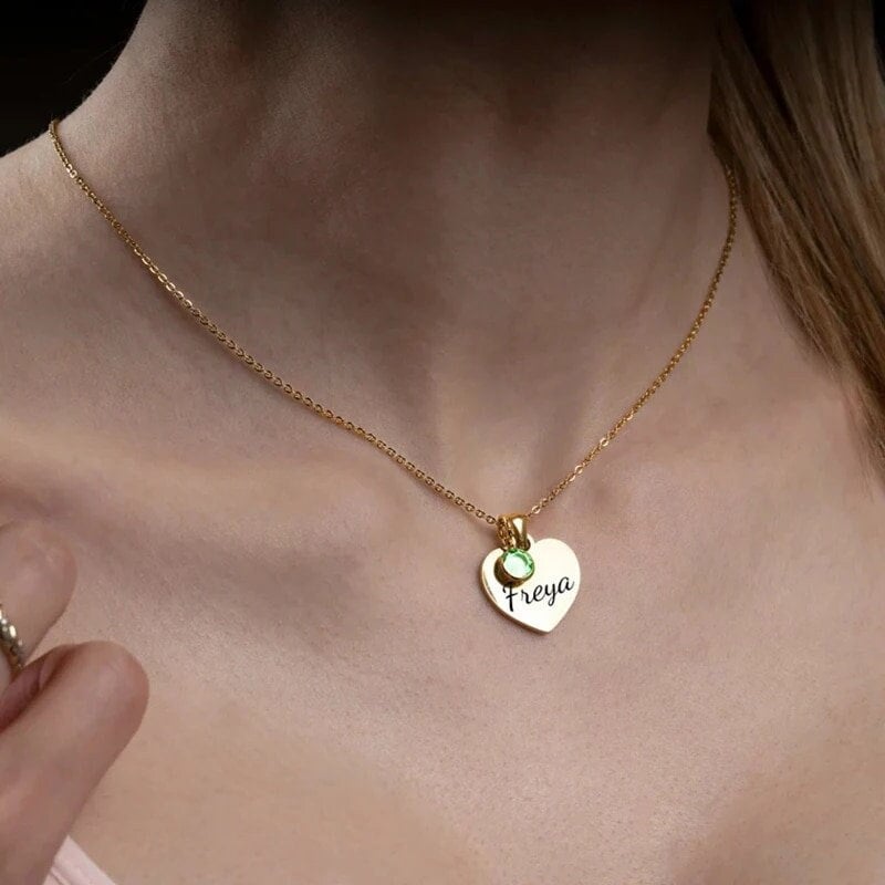 18K Gold Plated Heart Shape Swarovski Birthstone Necklace, Customized Actual Handwriting Personalized Jewelry, Engrave Name Necklace Gift