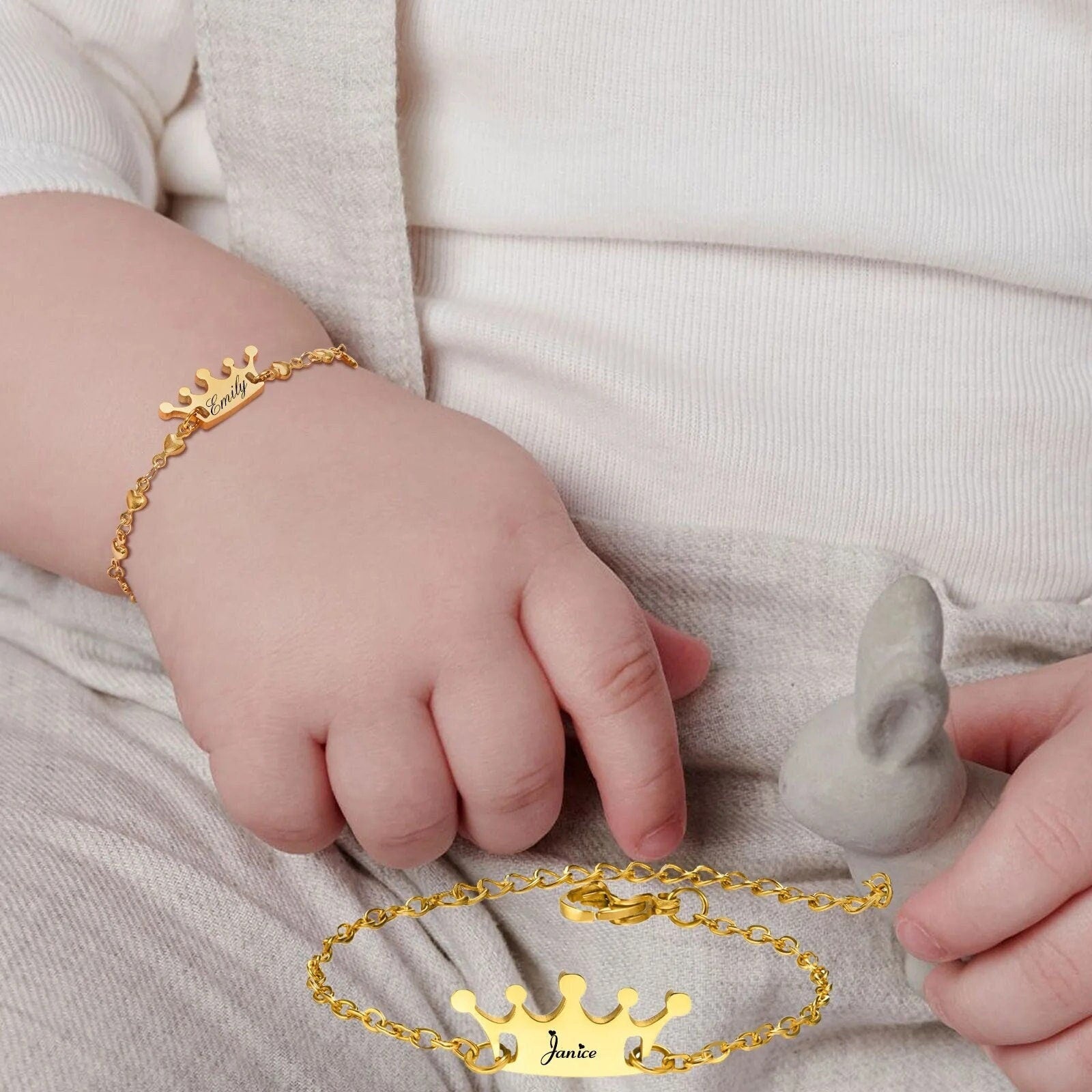 18K Gold Plated Personalized Baby Crown Bracelet, Customized Name Jewelry, Nameplate Engraved Baby Custom Children's Jewelry For Baby Gift