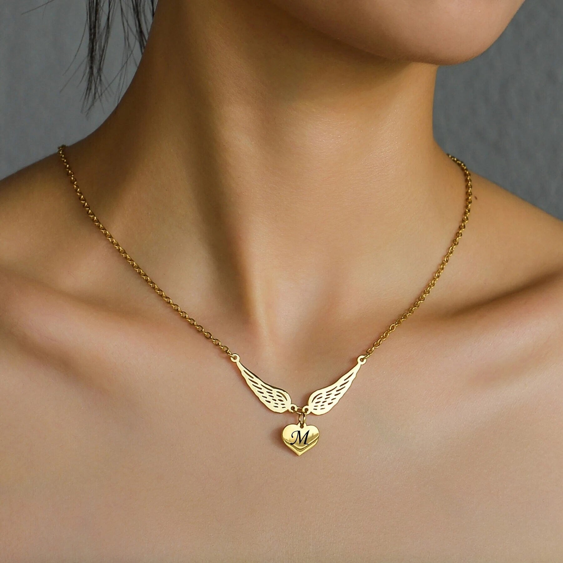 18K Gold Plated Personalized Initial Letter Angel Wings Necklace, A - Z Pendant Customized Necklace, Jewelry Custom Handmade Jewelry Gift