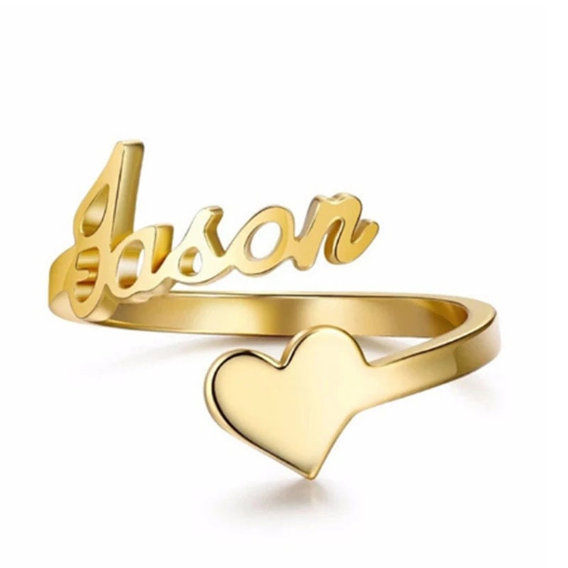 18K Gold Plated Personalized Ring Name Engrave Heart Customizable Finger Ring Customized Nameplate Adjustable Handcrafted Jewelry Gift