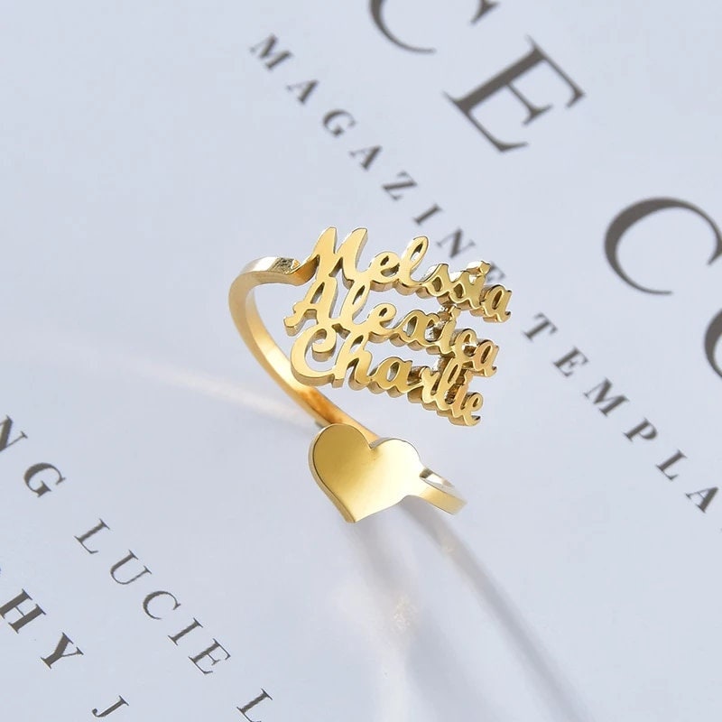 18K Gold Plated Personalized Ring Name Engrave Heart Customizable Finger Ring Customized Nameplate Adjustable Handcrafted Jewelry Gift