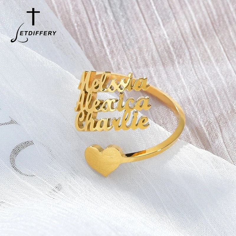 18K Gold Plated Personalized Ring Name Engrave Heart Customizable Finger Ring Customized Nameplate Adjustable Handcrafted Jewelry Gift