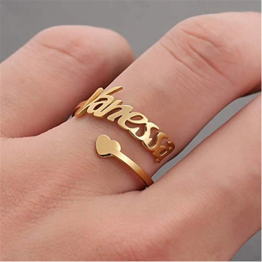 18K Gold Plated Personalized Ring Name Engrave Heart Customizable Finger Ring Customized Nameplate Adjustable Handcrafted Jewelry Gift