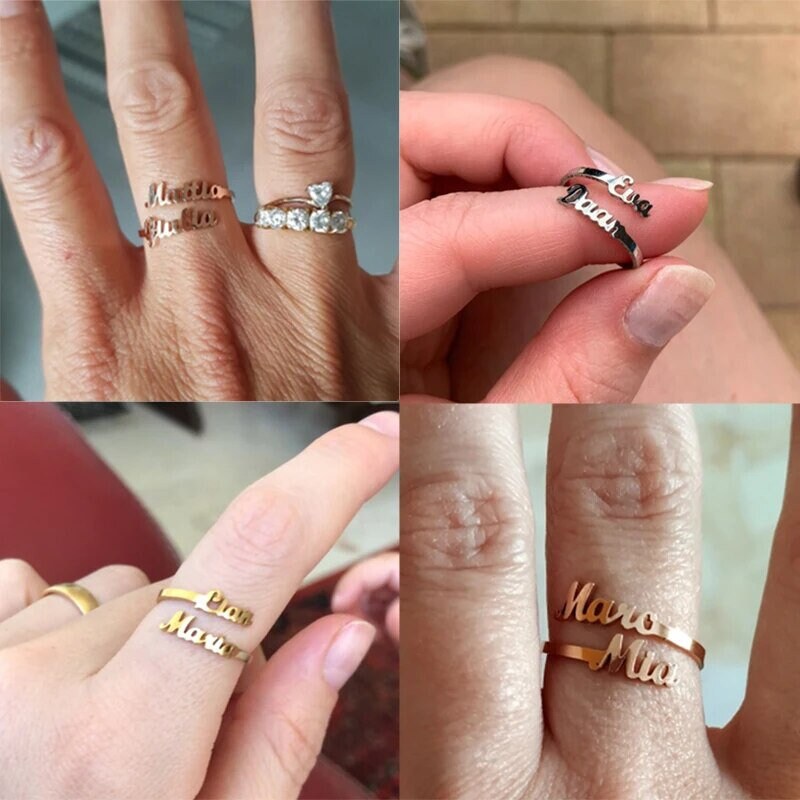 18K Gold Plated Personalized Ring 1-3 Name Engrave Customizable Finger Ring Adjustable Customized Nameplate, Handcrafted Custom Jewelry Gift