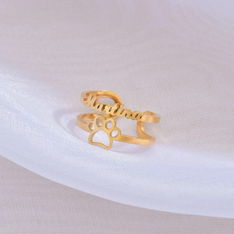 18K Gold Plated Personalized Ring Name Engrave Pet Paw Customizable Finger Ring Customized Nameplate Band Handcrafted Custom Jewelry Gift