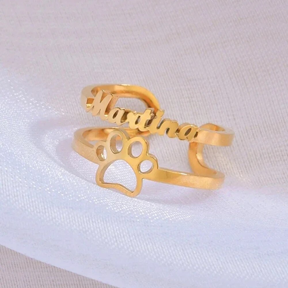 18K Gold Plated Personalized Ring Name Engrave Pet Paw Customizable Finger Ring Customized Nameplate Band Handcrafted Custom Jewelry Gift