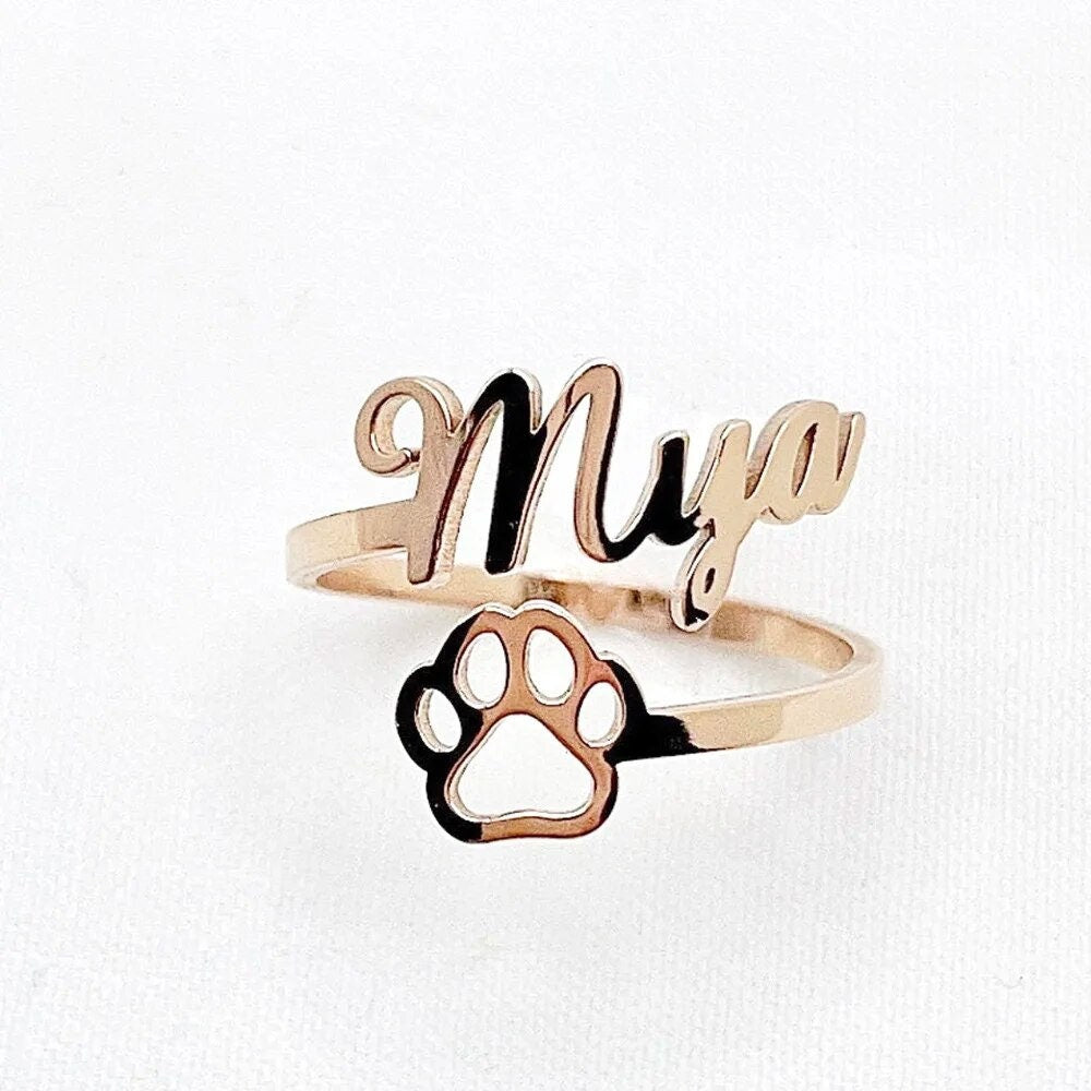 18K Gold Plated Personalized Ring Name Engrave Pet Paw Customizable Finger Ring Customized Nameplate Band Handcrafted Custom Jewelry Gift