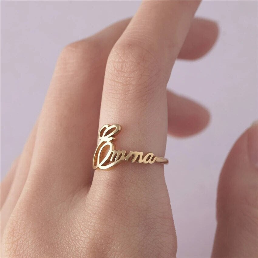 18K Gold Plated Personalized Ring Name Engrave Initial Letter Minimalist Ring, Customized Nameplate Couple's Ring Band, Custom Jewelry Gift