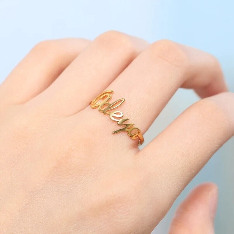 18K Gold Plated Personalized Ring Name Engrave Initial Letter Minimalist Ring, Customized Nameplate Couple's Ring Band, Custom Jewelry Gift