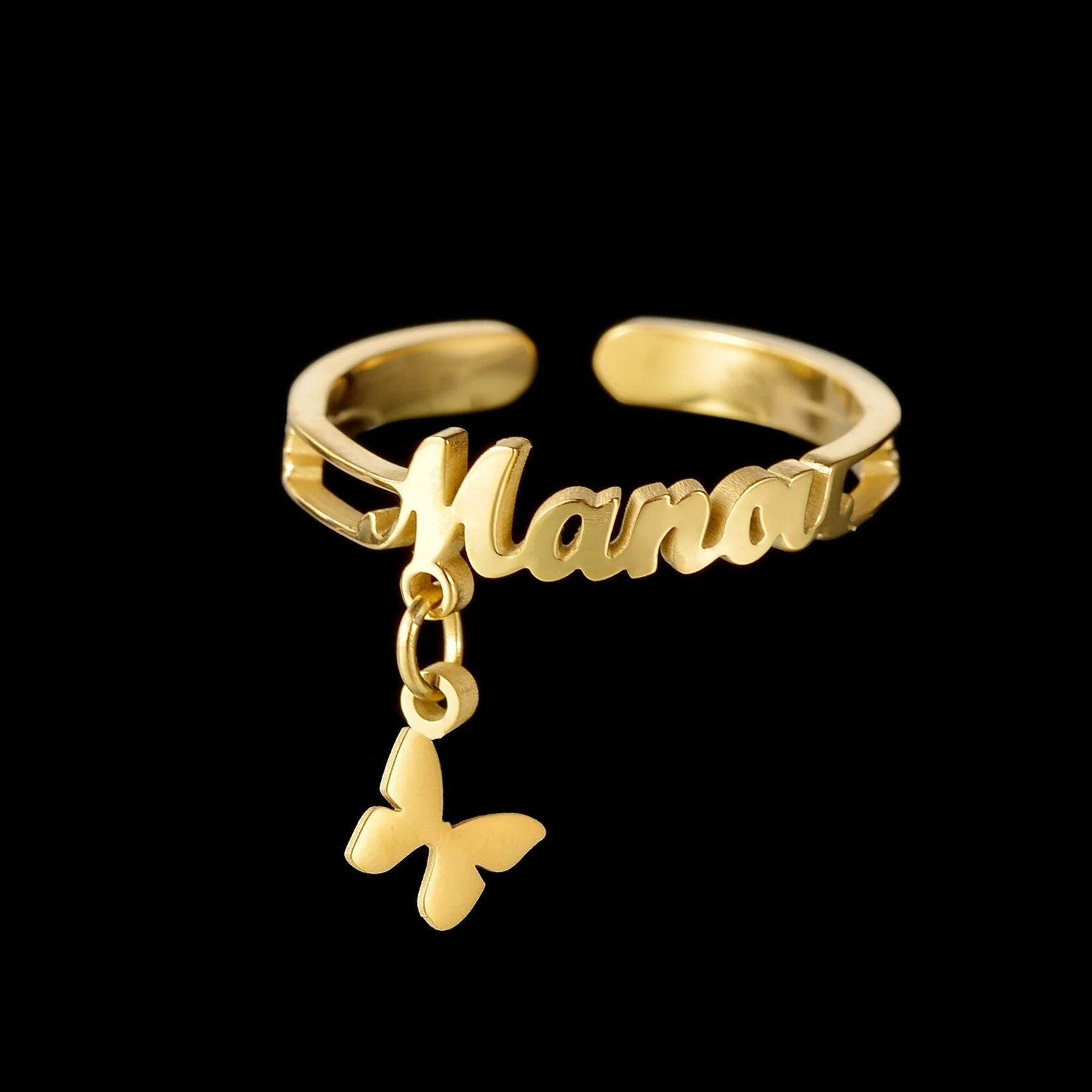 18K Gold Plated Personalized Ring Name Engrave Initial Minimalist Ring, Hanging Charm, Customized Nameplate Adjustable Ring, Custom Jewelry