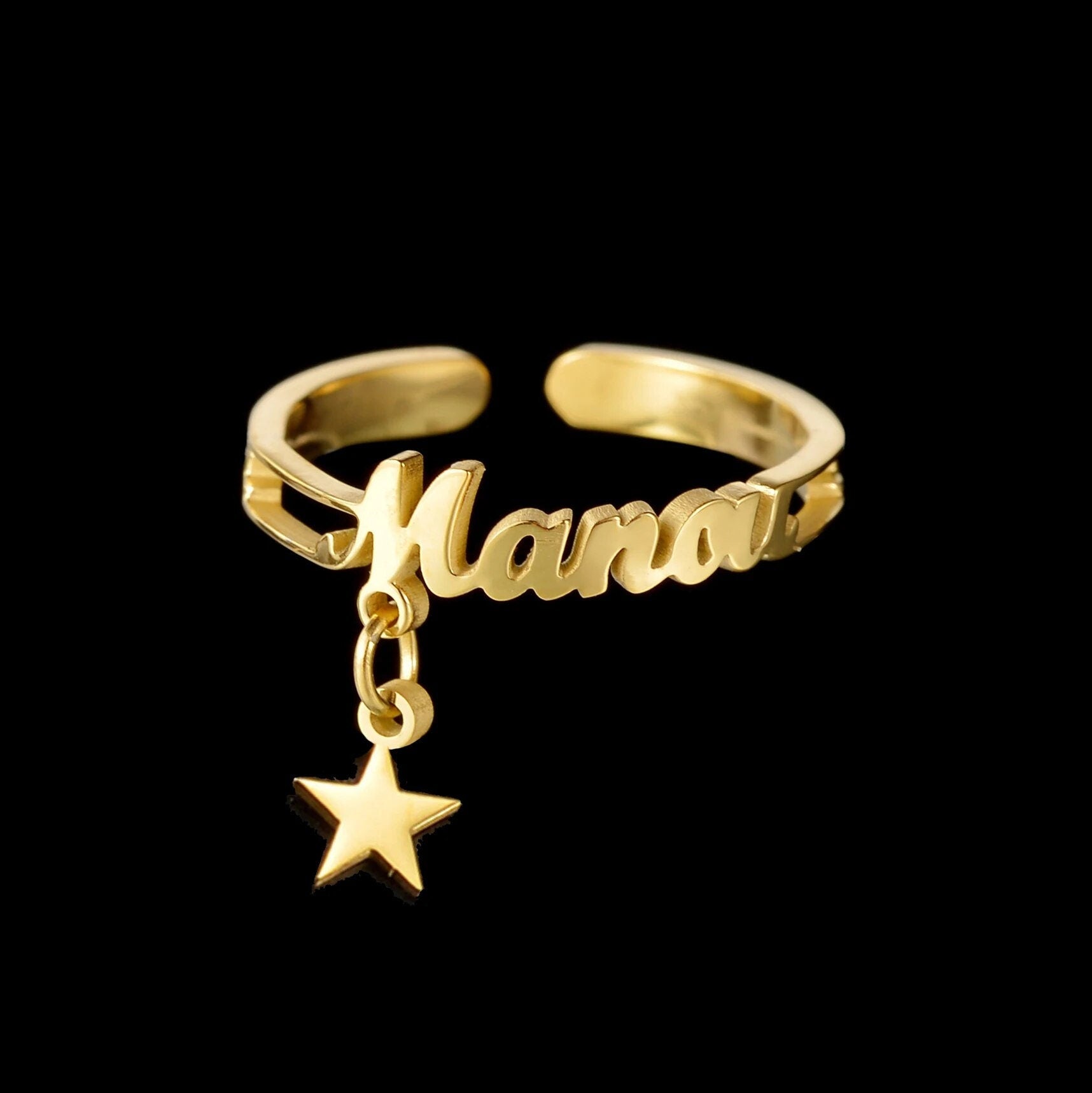 18K Gold Plated Personalized Ring Name Engrave Initial Minimalist Ring, Hanging Charm, Customized Nameplate Adjustable Ring, Custom Jewelry