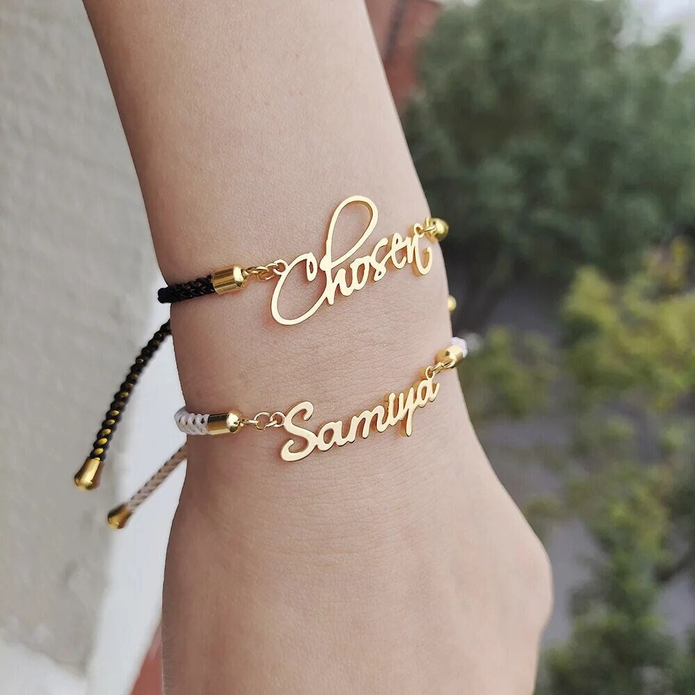 18K Gold Plated Personalized Name Bracelet, Adjustable Rope, Customized Name Bracelet Handcrafted Custom Jewelry, Nameplate Jewelry Gift