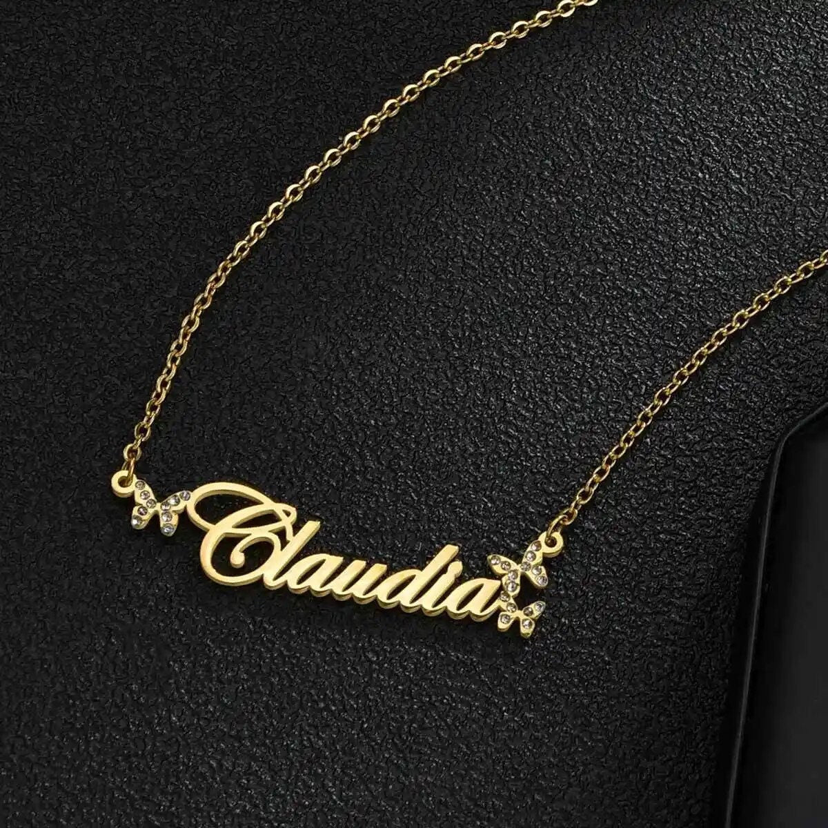 18K Gold Plated Personalized Name Necklace, Butterfly Zircon, Customized Name Necklace Handcrafted Custom Jewelry, Nameplate Pendant Gift