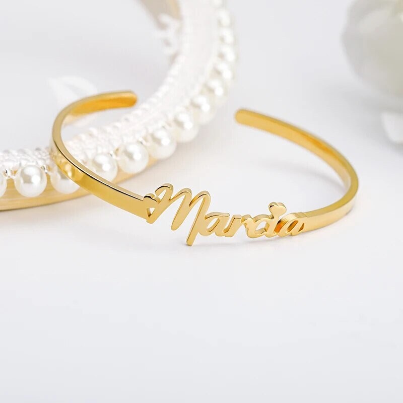 18K Gold Plated Personalized Name Bangle Bracelet Heart, Custom Nameplate Jewelry, Custom Jewelry Bangle Jewelry, Wrist Jewelry Gift For Her