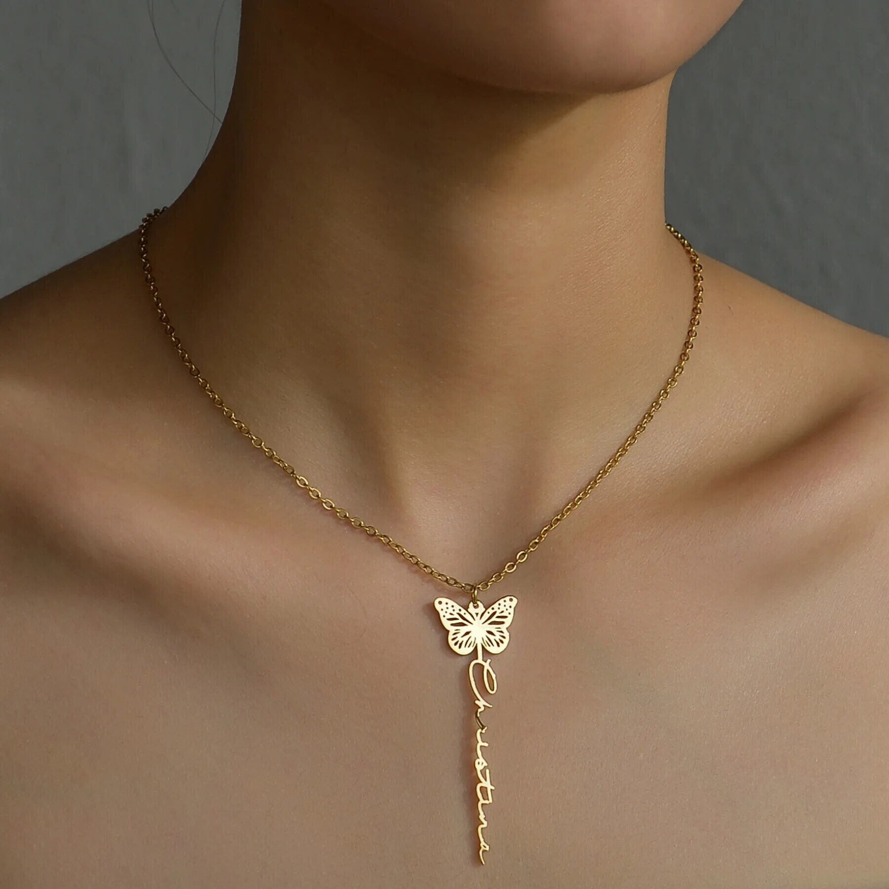 18K Gold Plated Personalized Butterfly Birth Month Name Necklace, Customized Birth Month Jewelry, Custom Handcrafted Jewelry Choker Gift