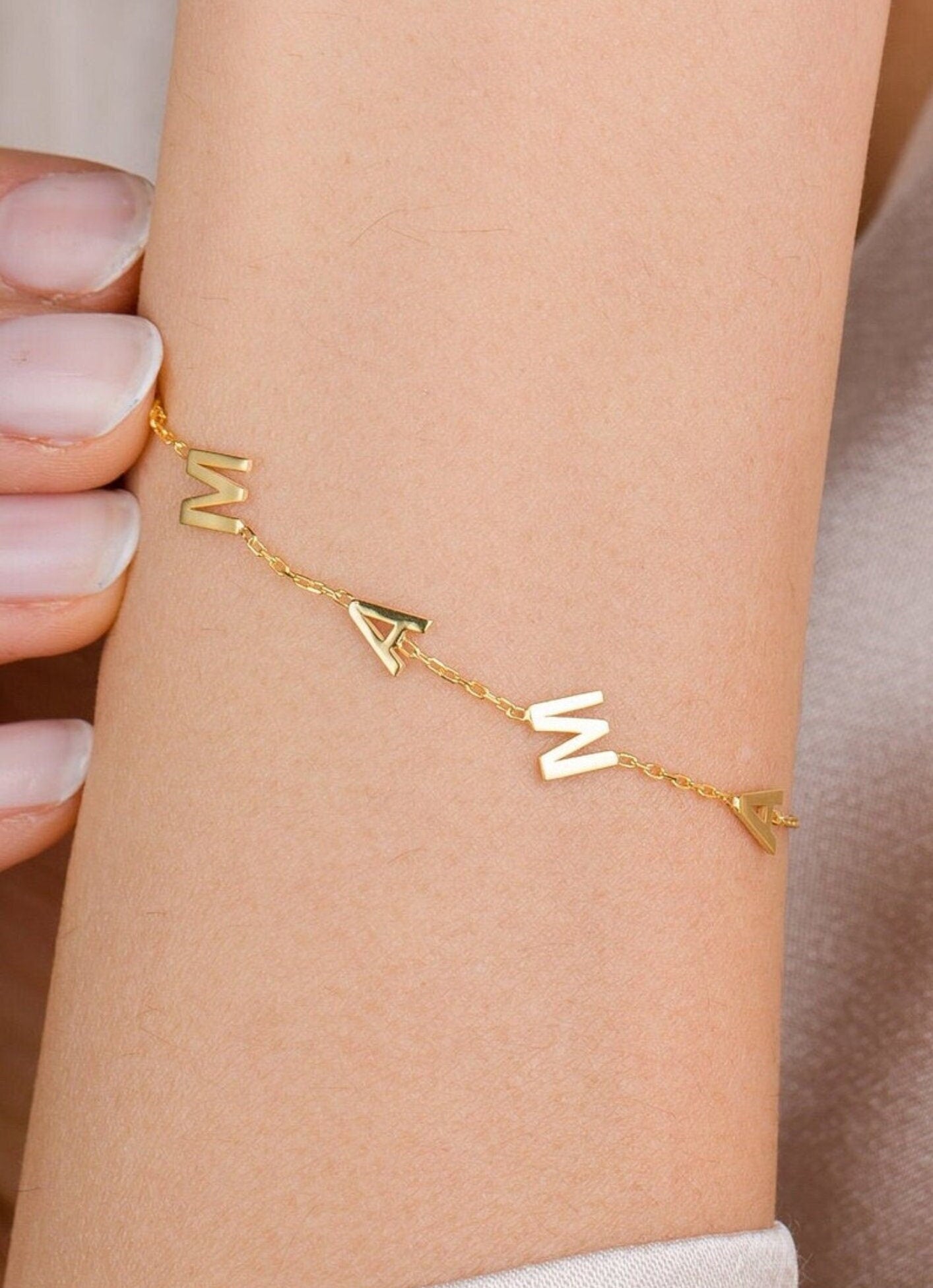 18K Gold Plated Personalized Name Initial Letter Bracelet, Customized Tiny Letter Bracelet Handcrafted Custom Jewelry, Nameplate Bangle Gift