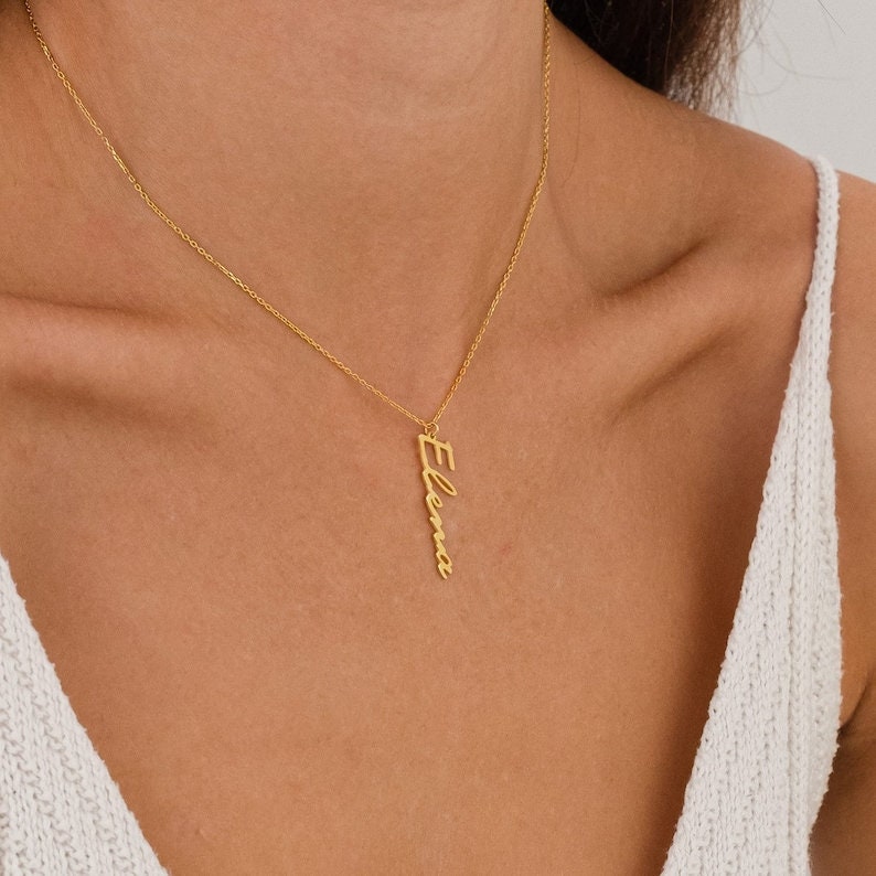 18K Gold Plated Personalized Vertical Name Necklace, Customized Name Necklace Handcrafted Custom Jewelry, Nameplate Pendant, Gift For Her