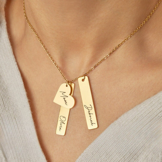 18K Gold Plated Personalized Jewelry Name Necklace Heart With Tag Bar Customized Family Name Necklace, Multiple Kids Names Custom Jewelry