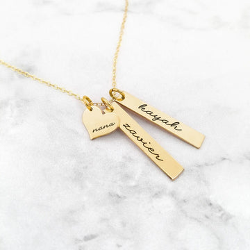 18K Gold Plated Personalized Jewelry Name Necklace Heart With Tag Bar Customized Family Name Necklace, Multiple Kids Names Custom Jewelry