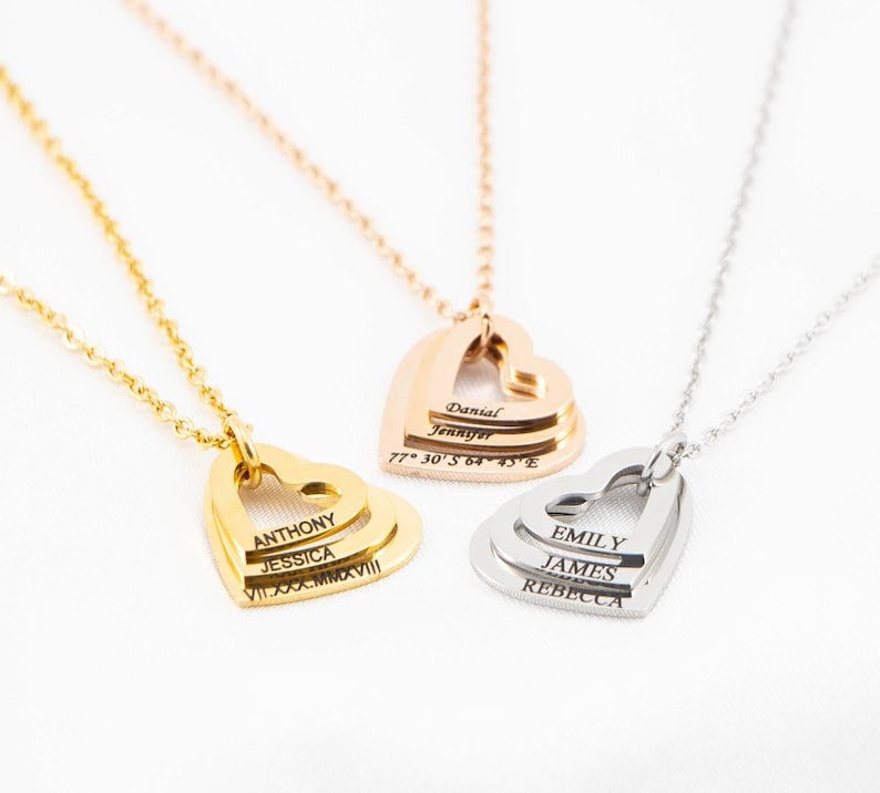 18K Gold Plated Personalized 1-4 Heart Family Name Necklace Customized Interlocking Linked, Custom Jewelry Engraved Kid Name Pendant Jewelry