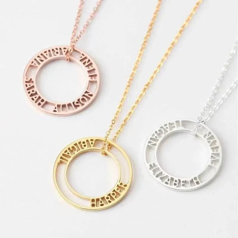 18K Gold Plated Personalized Hollow Round Name Necklace Customized Jewelry Engraved 2-4 Name Pendant Handcrafted Jewelry Unique Gift For Mom