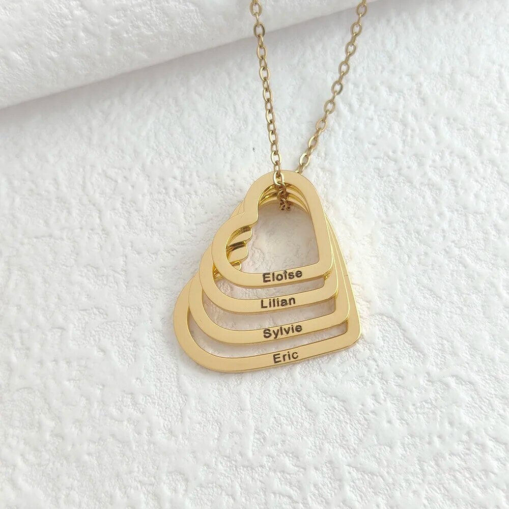 18K Gold Plated Personalized 1-4 Heart Family Name Necklace Customized Interlocking Linked, Custom Jewelry Engraved Kid Name Pendant Jewelry