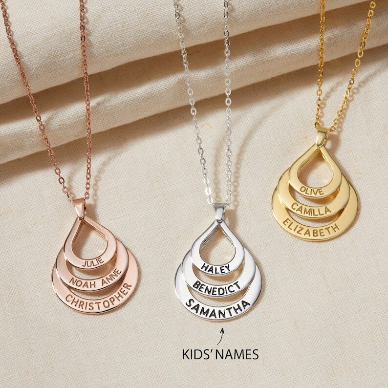 18K Gold Plated Personalized 1-4 Waterdrop Family Name Necklace Customized Interlocking Linked, Custom Jewelry Engraved Kid Name Pendant