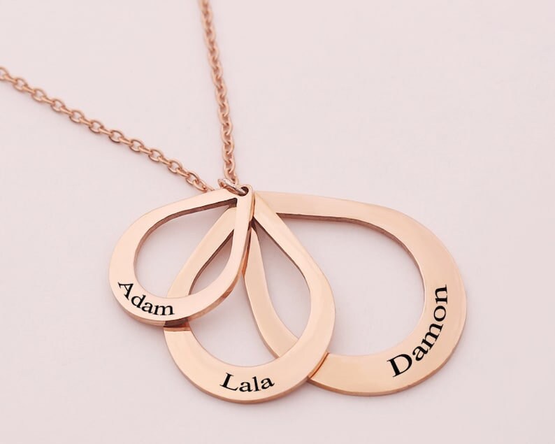 18K Gold Plated Personalized 1-4 Waterdrop Family Name Necklace Customized Interlocking Linked, Custom Jewelry Engraved Kid Name Pendant