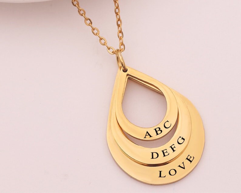 18K Gold Plated Personalized 1-4 Waterdrop Family Name Necklace Customized Interlocking Linked, Custom Jewelry Engraved Kid Name Pendant