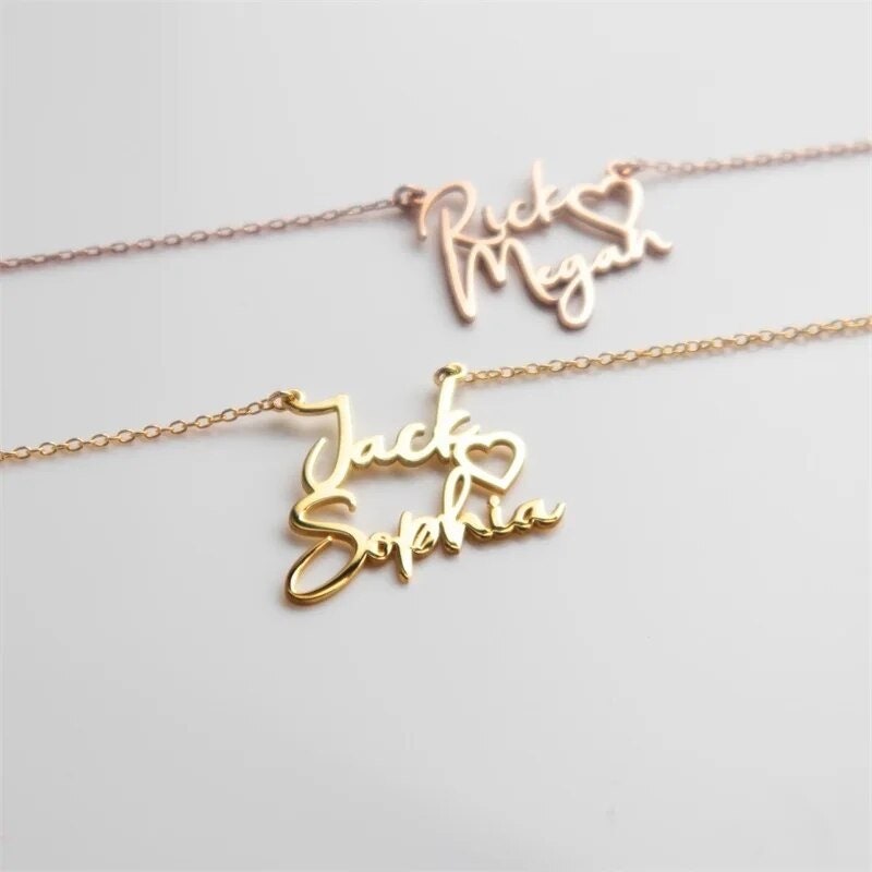 18K Gold Plated Personalized Two Name Necklace, Customized Name Necklace Handcrafted Custom Jewelry Nameplate Pendant Gifts For Mom, For Her